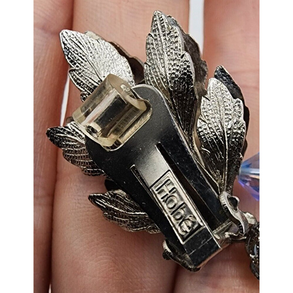 Hobe Silver Grape Leaf Glass Bead Crystal Earrings Dangle Vintage Signed Clip - Picture 14 of 16